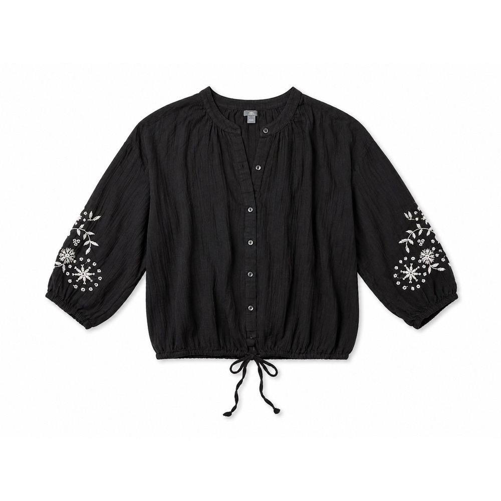 Aerie Black Cotton Gauze Embroidered Floral Peasant Blouse Top Womens Medium